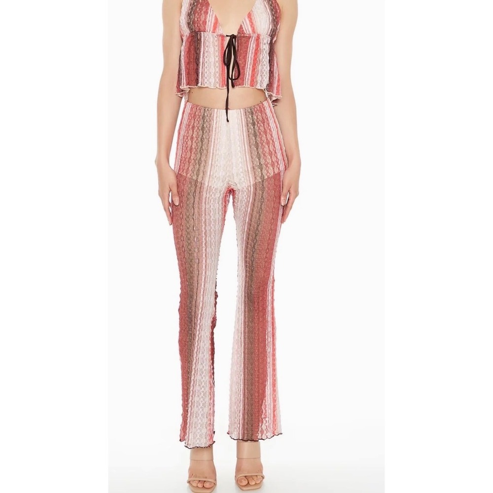 Forever 21 Pink Orange Striped Lace Flare Pants High Waisted Bell Bottom‎ Large